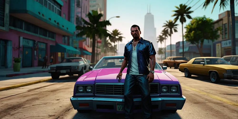 Confident protagonist in front of a purple retro car in GTA VI